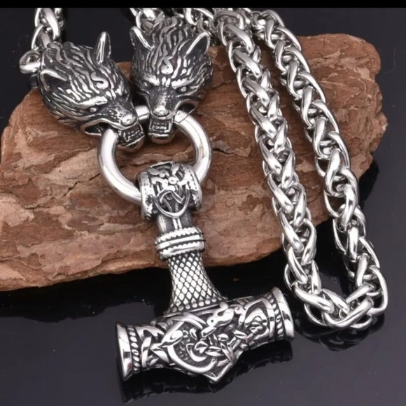 Other - Wolf Head Mjolnir Thor Hammer Pendant Steel Necklace Viking Celtic Norse
